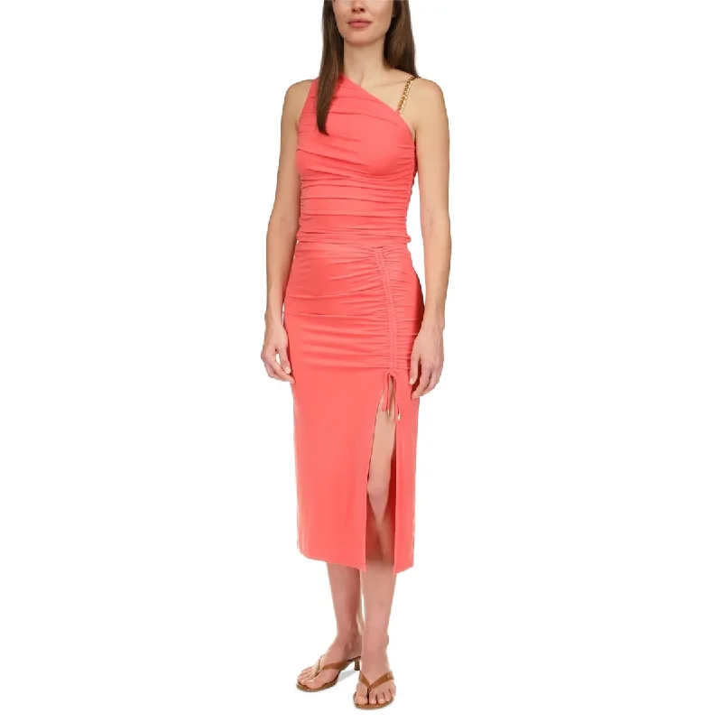 Michael Kors Women's Coral Ruched Tie Pull on Thigh High Slit Unlined Midi Pencil Skirt Red Size Small