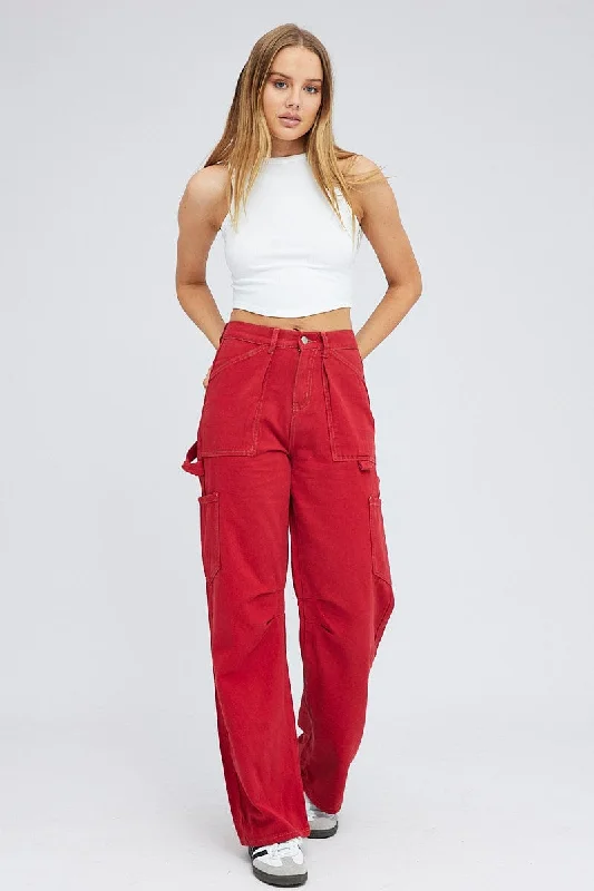 Red Cargo Jeans Mid Rise