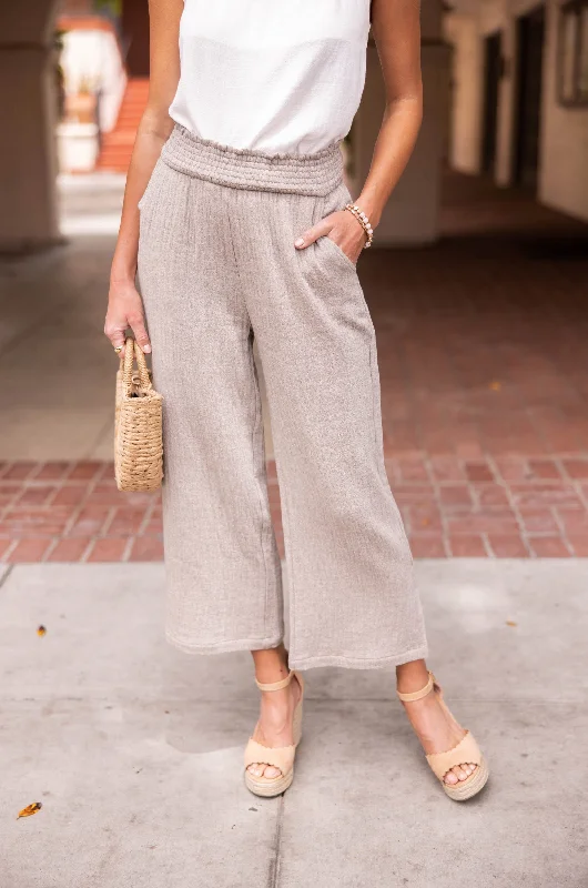 Smocked Waist Side Slit Cropped Straight Leg Pant