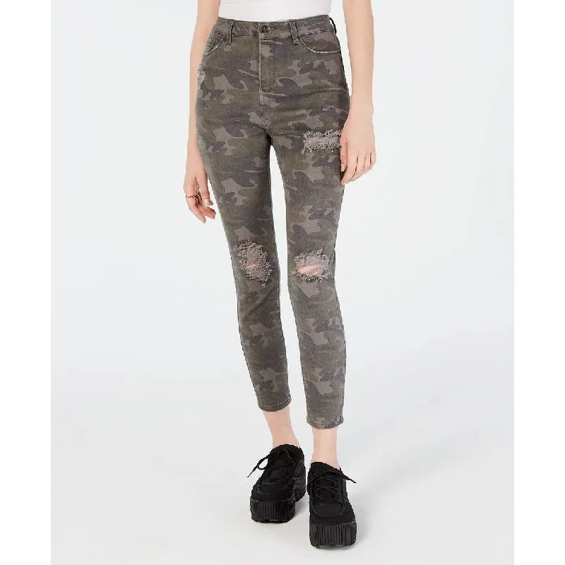 Vanilla Star Juniors' Camo Print High-Rise Jeans Gray Size Medium